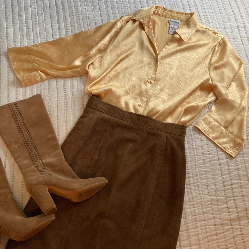 VTG Bon Worth Champagne Gold Shimmer Blouse Classic Holiday Work Sz S
